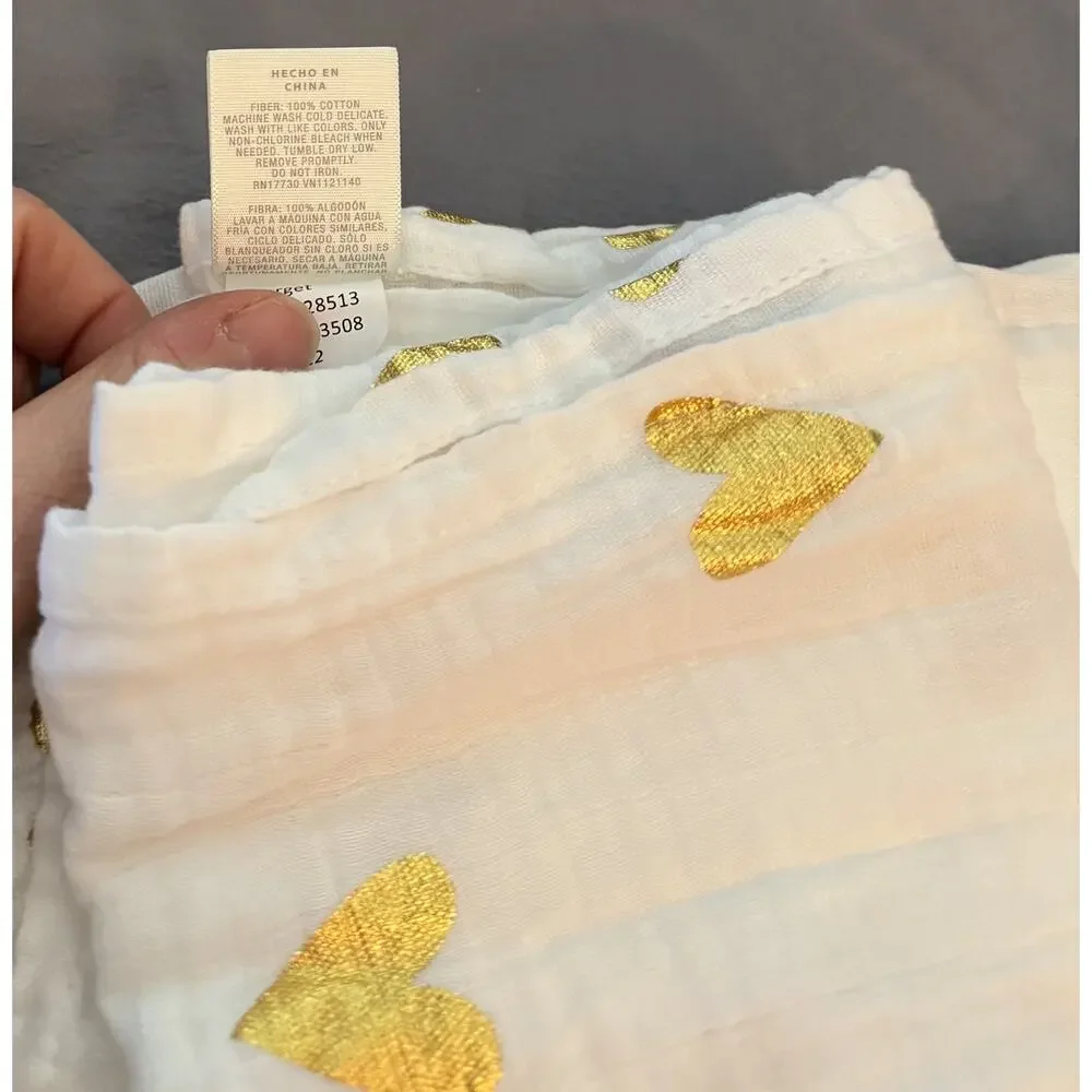 Cloud Island Muslin Swaddle Baby Blanket Gold Hearts 44